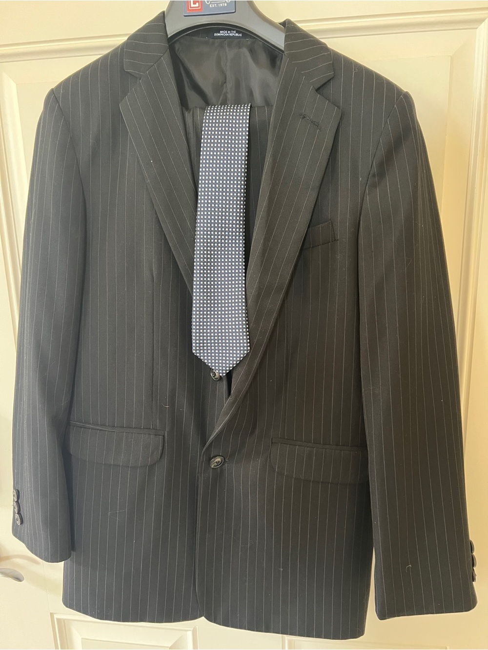 Chaps Black Pinstripe Suit Jacket, Pants and Tie
